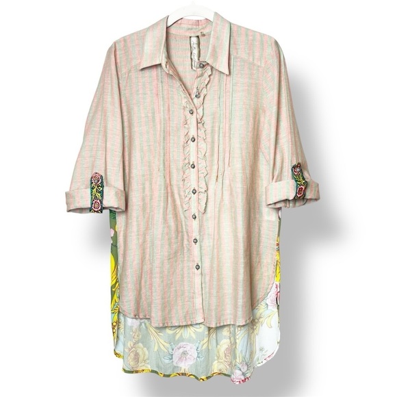 Aratta Silent Journey Button Up Tunic Shirt XS boho floral top stripes beaded - Picture 2 of 14